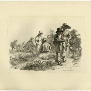 Antieke prent-LANDELIJK SCÈNE-LANDSCHAP-BOERDERIJ-KLOMPEN-MAND-Marcus-1834