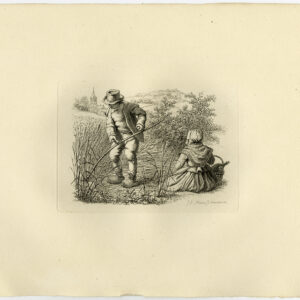 Antieke prent-LANDELIJKE SCÈNE-SCYTHE-ROKENDE PIJP-MAND-LUNCH-Marcus-1834