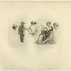 Antieke prent-PORTRET-STUDIE-SPADE-MAND-ZITENDE VROUW-Marcus-1834