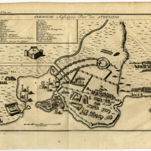 Antieke prent-SYRACUSE-PLAN-SICILIË-ITALIË-SIEGE-ATHENIANS-SHIPS-1750