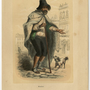 Antieke Print-KOSTUUM-JURK-BEDEL-HOND-SPANJE-Duverger-Clerman-1870