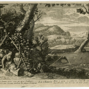 Antieke prent-LANDSCHAP-VANGENDE VOGELS-NET-JACHT-Basset-1750