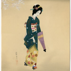 Antieke Tekening-JAPANSE-VROUW-KIMONO-PARAPLU-Anoniem-ca. 1930