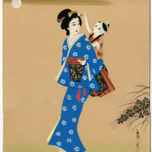 Antieke prent-JAPANSE-KIND-KIMONO-VROUW-MAANLICHT-Anoniem-ca. 1930