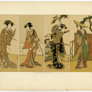 Antieke print-JAPANSE-VROUWEN-KIMONO-KATANA-Audsley-Pralon-ca. 1880