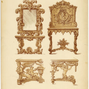 Antieke prent-MEUBILAIR-TAFEL-SPIEGEL-ORNAMENT-pl. 95-Deville Creuset-1850