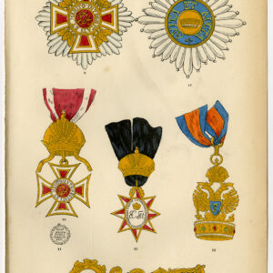 Antieke prent-RIDDERS VAN HET GROTE KRUIS-MEDAAL-OOSTENRIJK-PLAAT 5-Burke 1858