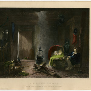 Antieke prent-A HIGHLAND COTTAGE-INTERIEUR-BABY-Fraser-Cousen-c. 1870