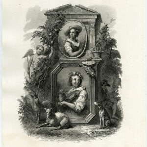 Antieke prent-ALLEGORIE-VIOOL-TITELPAGINA-MUZIEKINSTRUMENT-Katten-c. 1860