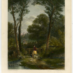 Antieke prent-WOODLAND LANDSCHAP-LADY-Creswick-Bentley-c. 1850