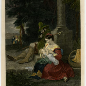 Antieke prent-MOEDER-KIND-BABY-MAN DUTJE-GEKLEURD-Williams-Rolls-c. 1850