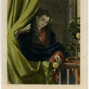 Antieke prent-DAME-VROUW-FAN-ROSES-THE SIGNAL-Phillip-Franck-c. 1850