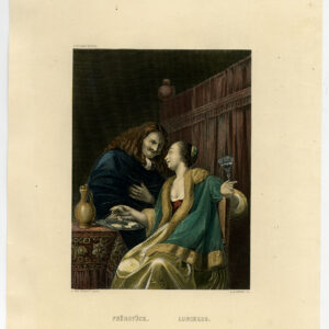 Antieke prent-EETENDE LUNCH-MAN-VROUW-Van Mieris-Payne-c. 1840