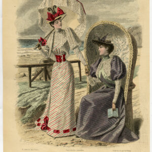 Antieke print-MODE-KOSTUUM-JURK-VROUW-STRAND-PL. 2804-Lefevre-c. 1860