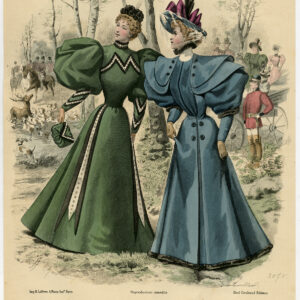 Antieke print-MODE-KOSTUUM-JURK-VROUW-JACHT-HONDEN-PL. 3070-Lefevre-c. 1860