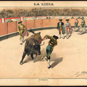 Antieke prent-STIERVECHTEN-TAUROMACHIA-PAARD-ARENA-TORERO-Pl. 18-La Lidia-1893