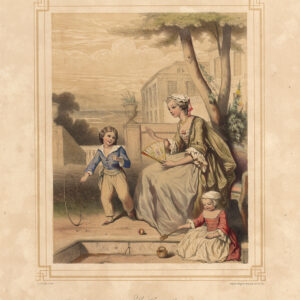 Antieke prent-LE CERCEAU-KINDEREN-SPEL-KOSTUUM-HOOP ROLLING-FAN-Valerio-1850