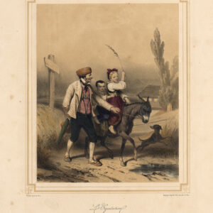 Antieke prent-L'EQUITATION-KINDEREN-SPEL-KOSTUUM-RIJDEN-EZEL-HOND-Valerio-1850