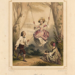 Antieke prent-L'ESCARPOLETTE-KINDEREN-SPEL-KOSTUUM-SWING-DOG-Valerio-1850