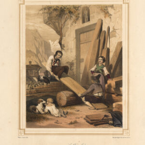Antieke prent-LA BASCULE-WIP-SPEL-HOND-KINDEREN-SPELEN-Valerio-1850