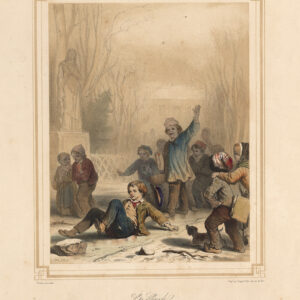Antieke prent-LA GLISSADE-ICE-WINTER-SLIDE-DOG-KINDEREN-SPELEN-Valerio-1850