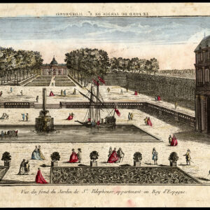 Antieke optische print-SPANJE-TUIN-ST. ILDEPHONSE-SHIP-KING-Maillet-1770