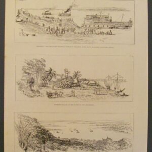 Houtgravure 1885 Gezichten op de Irrawaddy rivier Myanmar boten haven ossen schepen