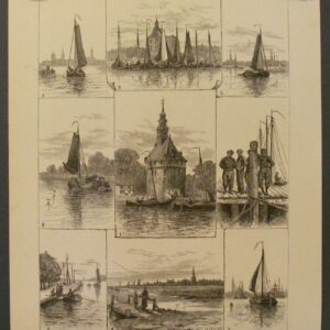 Houtgravure 1885 W.W. May Gezichten van de Zuiderzee Holland schepen bootjes torens vissers boten Urk Hoorn Amsterdam Kampen