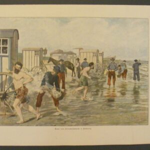 Houtgravure Norderney Strand Kleed wagens 1898 Paard Zee Badgasten